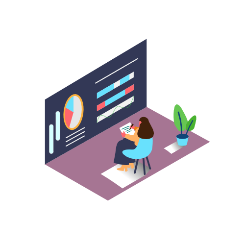 A 3D illustration of a city woman looking the analytics of their processes.