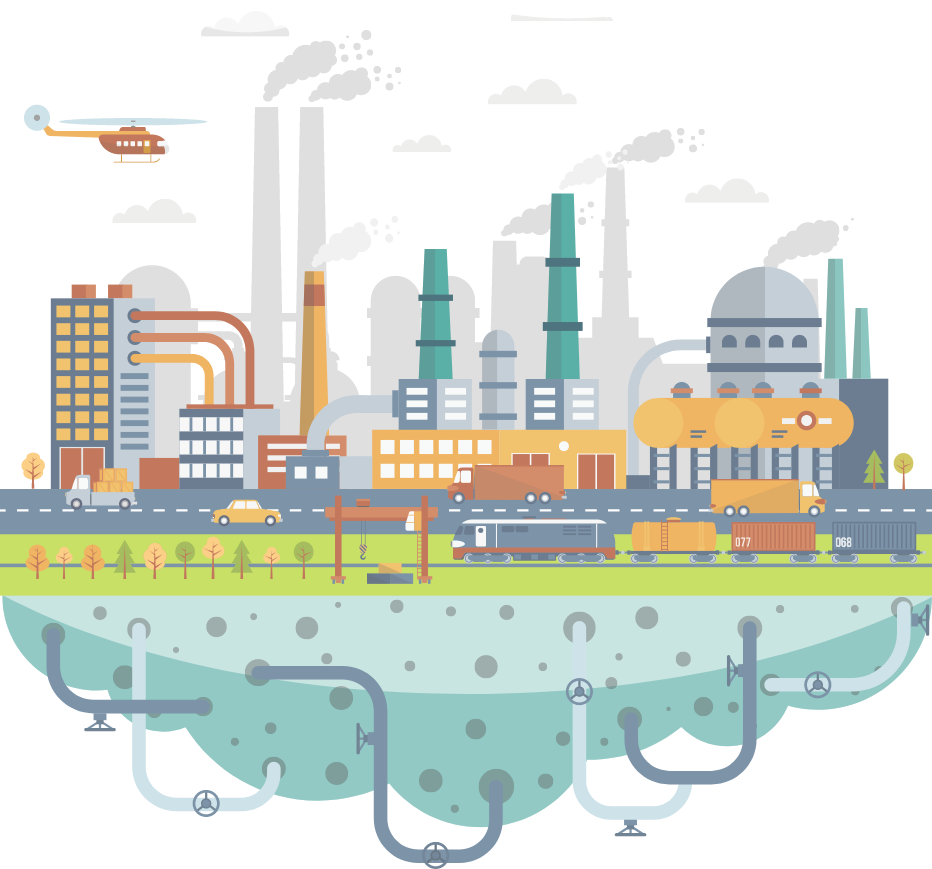 An illustration of manufacturing and shipping goods